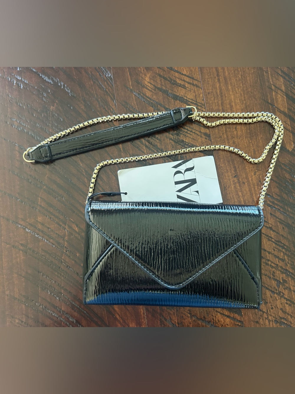 NWT ZARA Black Patent Envelope Crossbody with Gold Chain Strap